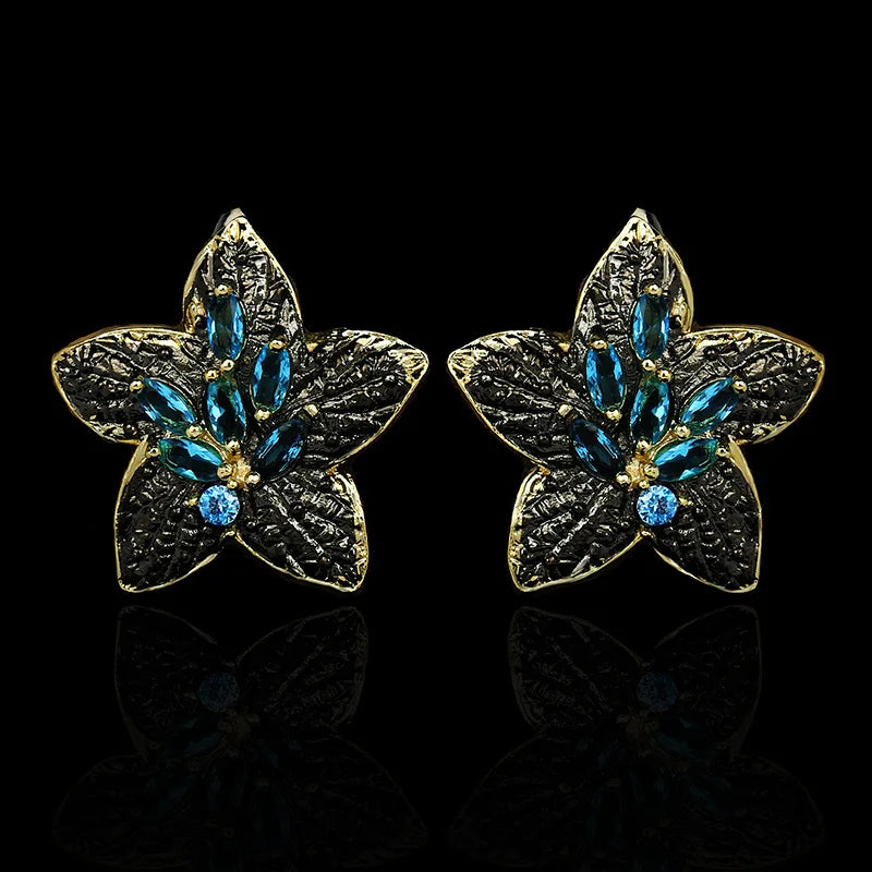 Black & Gold Style Earrings Five-pointed Star Blue Zircon Flower Earrings