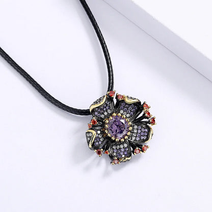 Purple Zircon Black & Gold Style Flower Necklaces