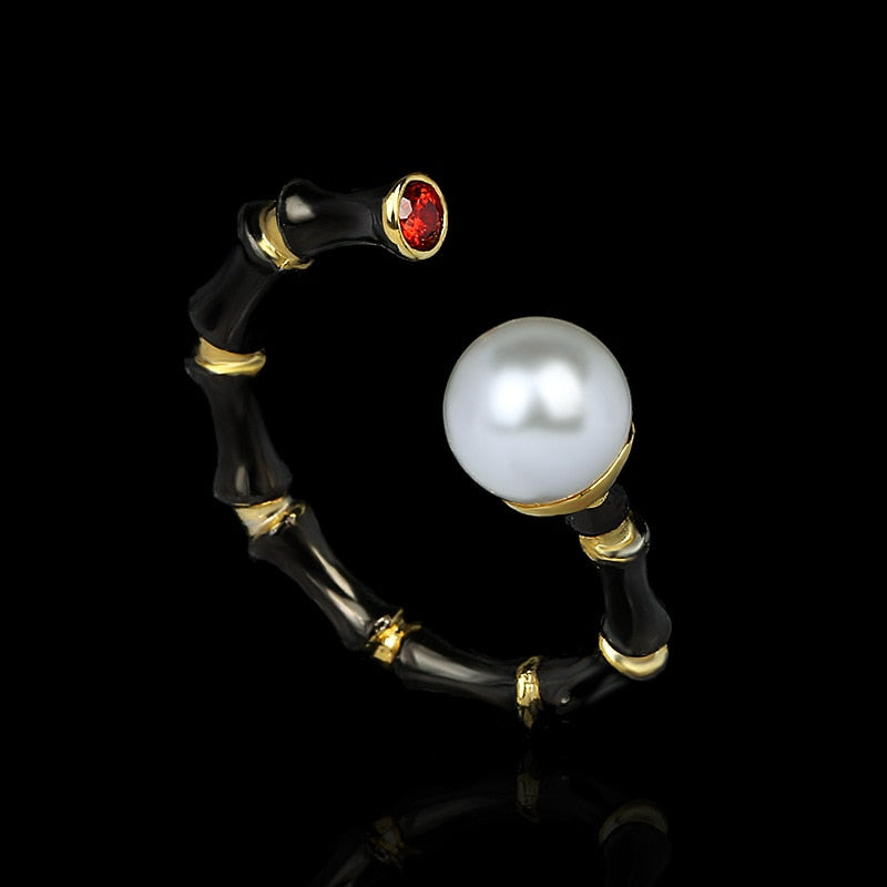 Black & Gold Series Pearl & Zircon Adjustable Ring