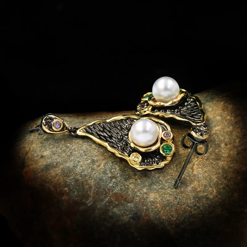 Medieval Black & Gold Series Pearl & Crystal Zircon Earrings