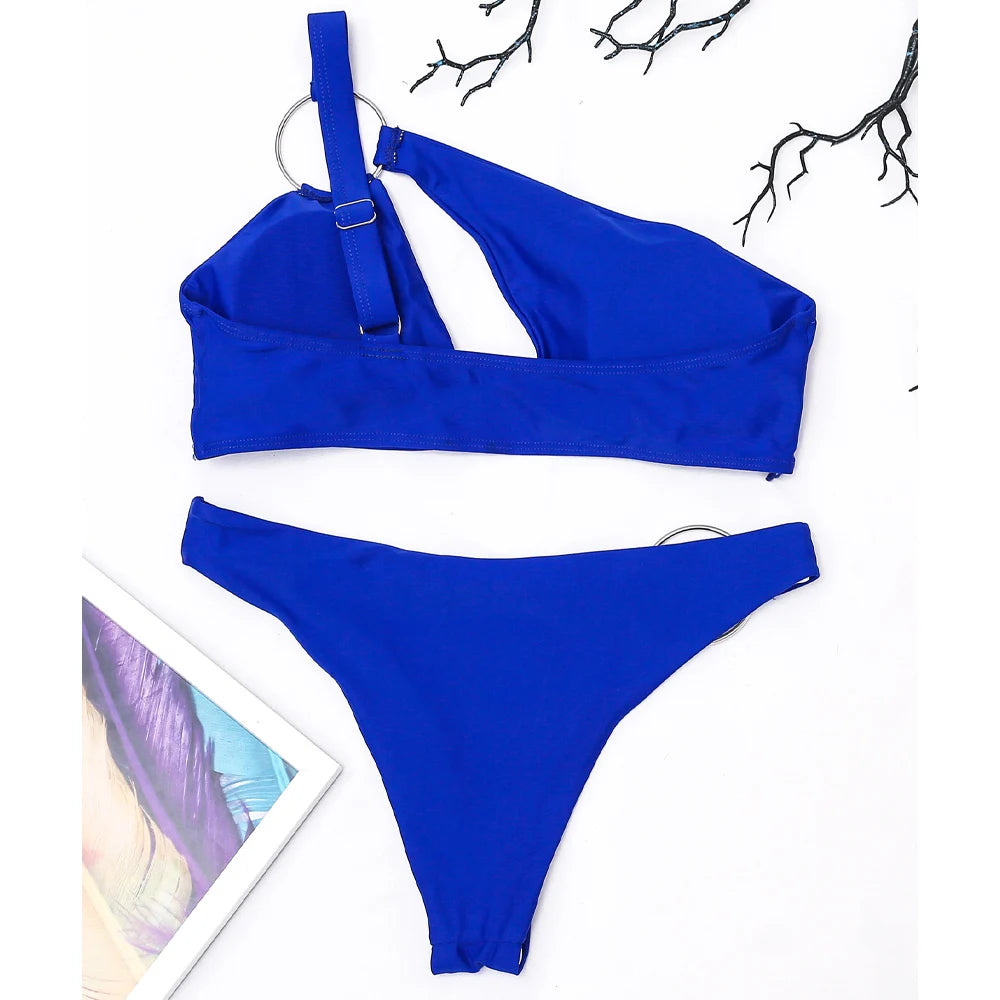 Blue One Shoulder SwimwearHigh Cut Hollow Bikini Set Ring Push Up Swimsuit Summer Beach Bathing Suit