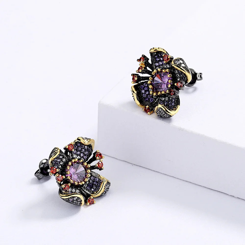 Black & Gold Style Flower Earrings with Purple & Red Zircon Gemstones