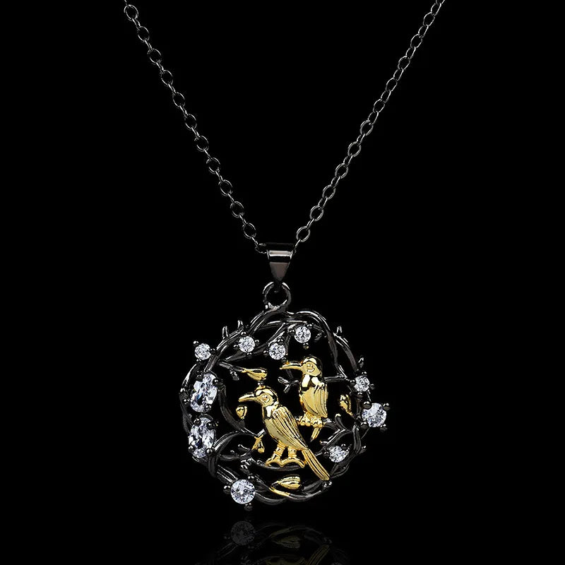 Vintage Bird Blossoms Crystal Zircon Black & Gold Style Necklace