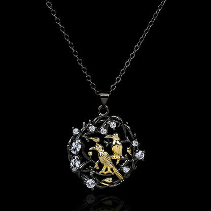 Vintage Bird Blossoms Crystal Zircon Black & Gold Style Necklace