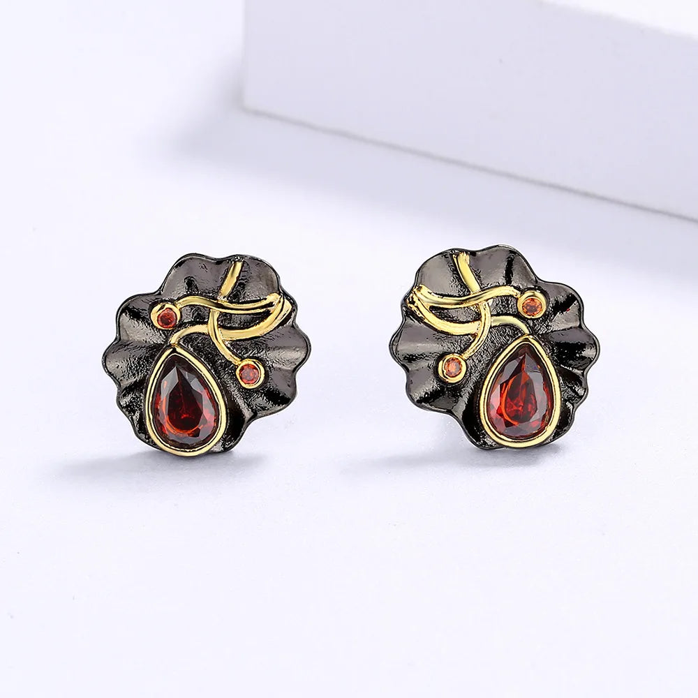 Black & Gold Style Earrings Small Black Red Zircon Earrings