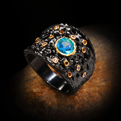 Blue Zircon Rings Banquet Black & Gold Style