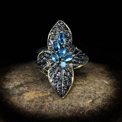 Black & Gold Style Two-Leaf Flower Rings Blue Zircon Rings