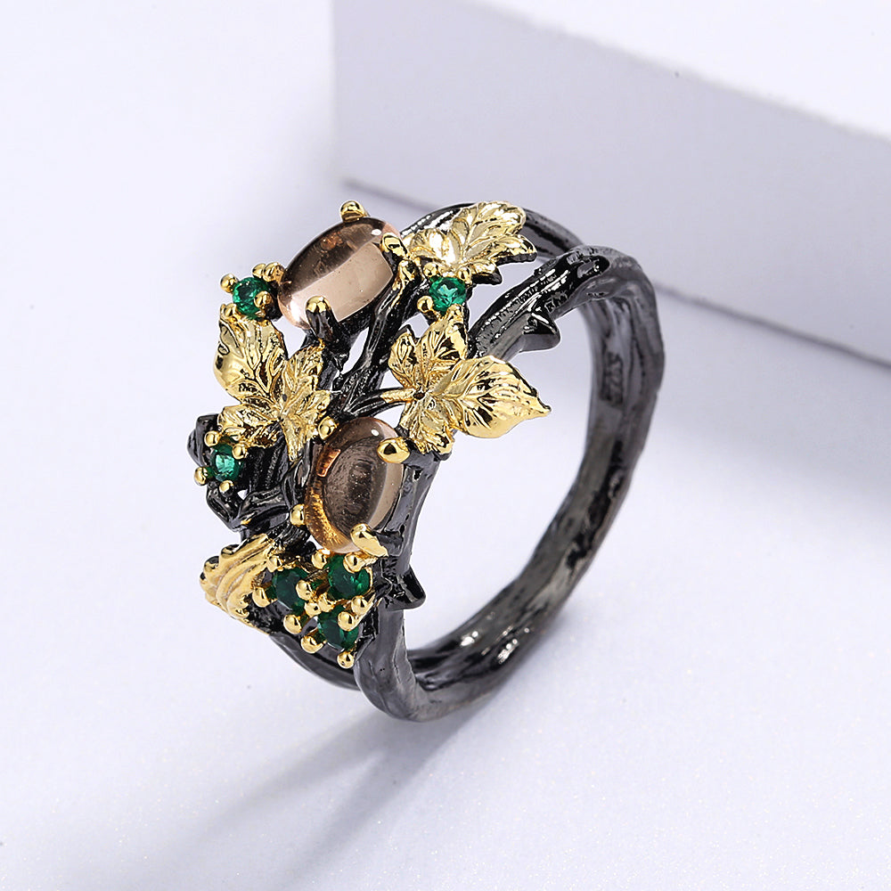 Gorgeous Black & Gold Style Crystal Zircon Leaf Rings