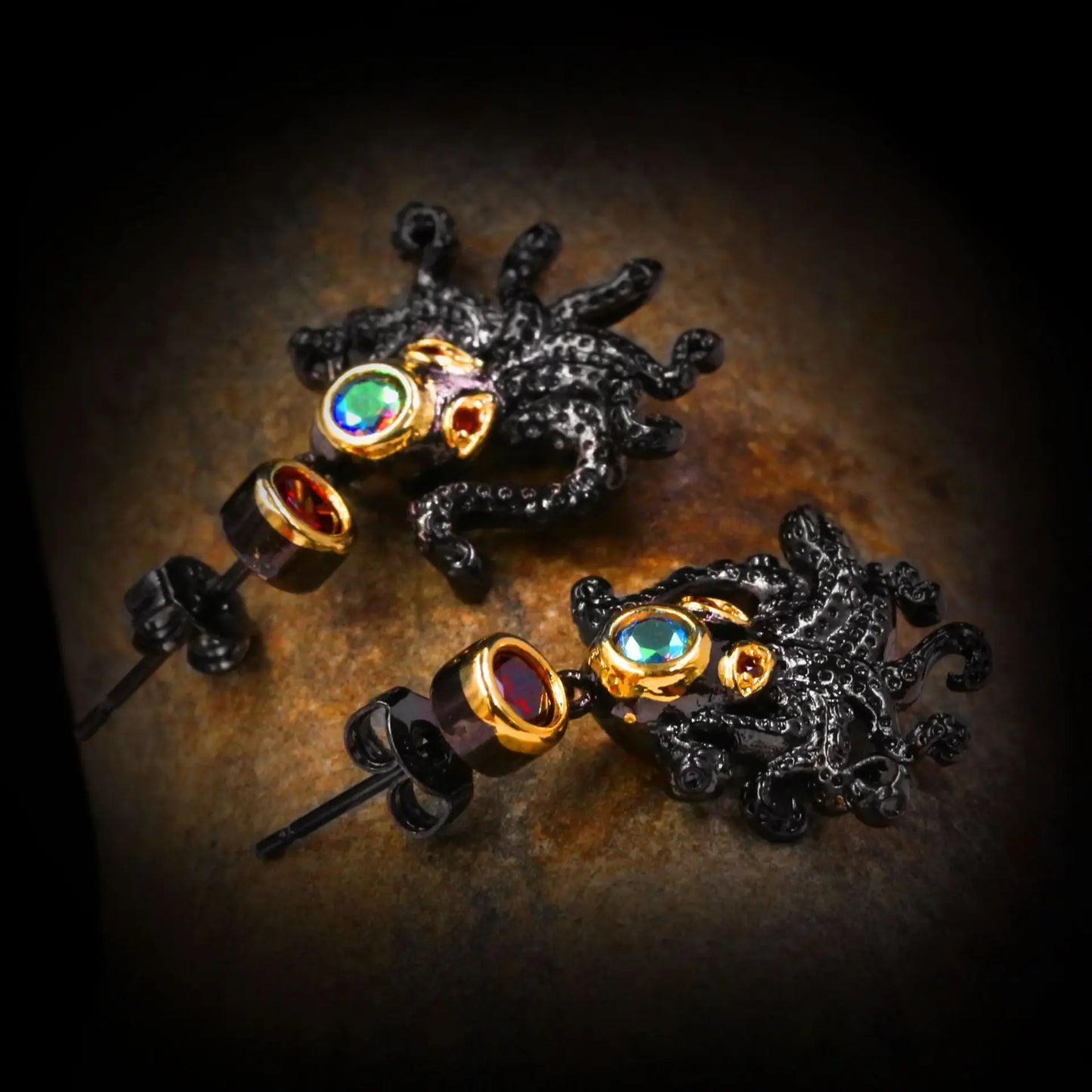 Novel Earrings Octopus Black & Gold Style Red Zircon High