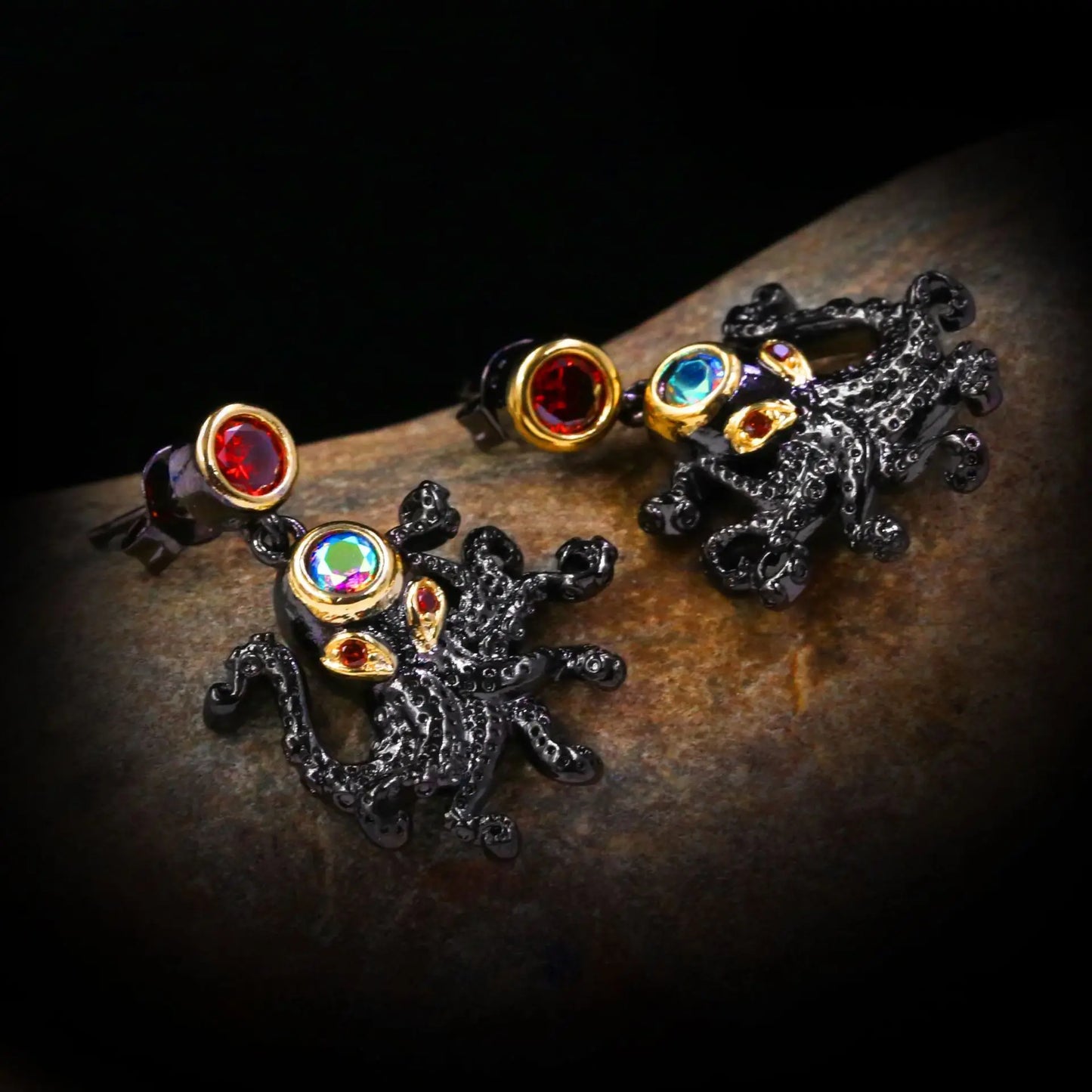 Novel Earrings Octopus Black & Gold Style Red Zircon High