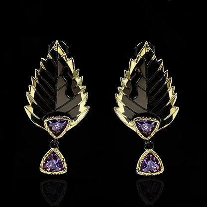 Leaf Feather Pendant Earrings Purple Zircon Earrings