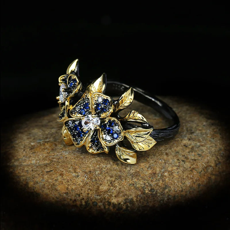 Ring Flower Rings Zircon Black & Gold Style Rings