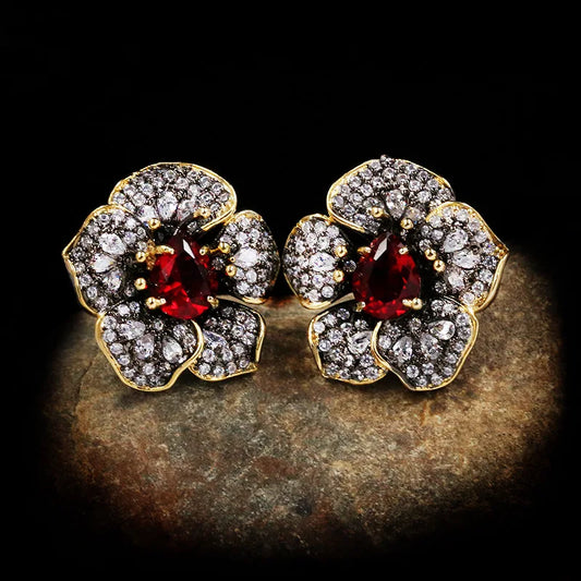 Rose Red Zircon Flower Earrings Non-allergic Flower