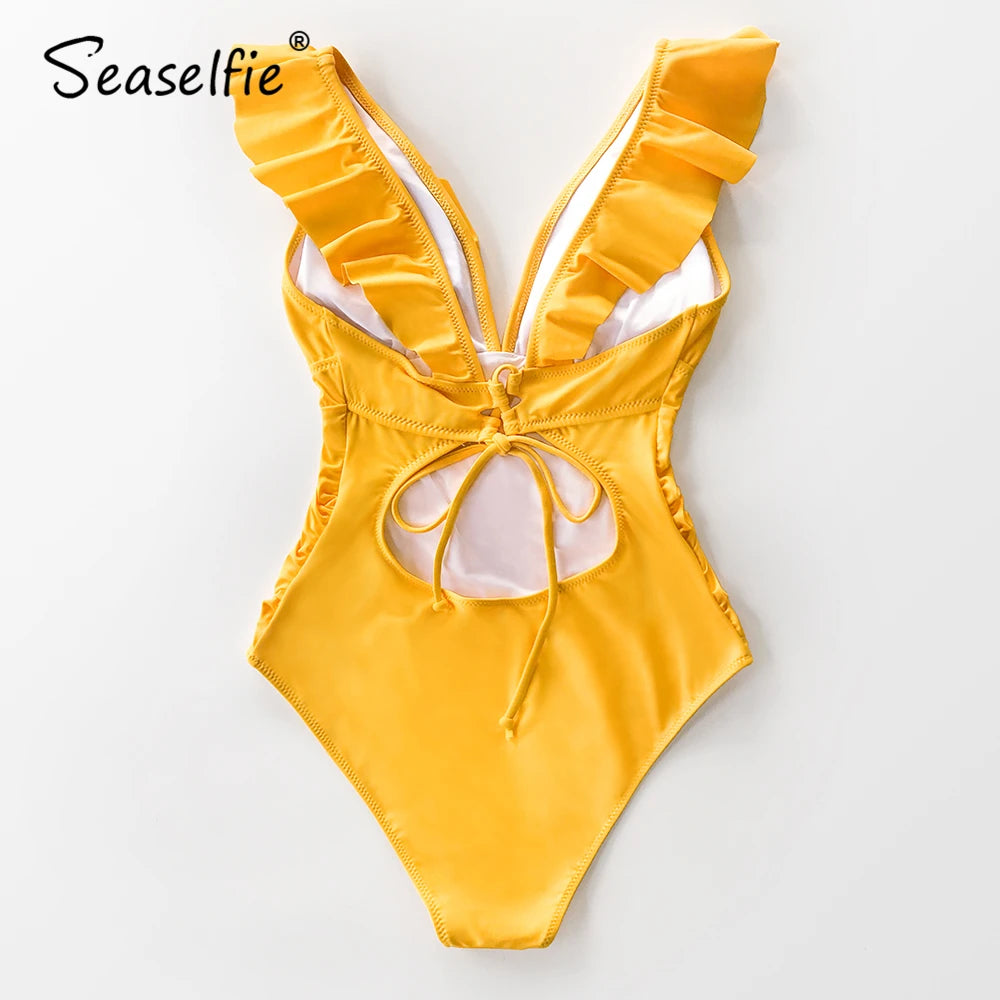 V-neck Ruffled One Piece Monokini Swimwear