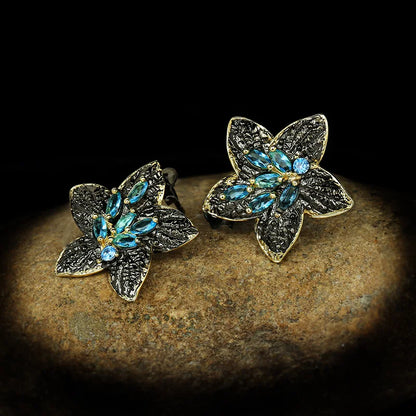 Black & Gold Style Earrings Five-pointed Star Blue Zircon Flower Earrings