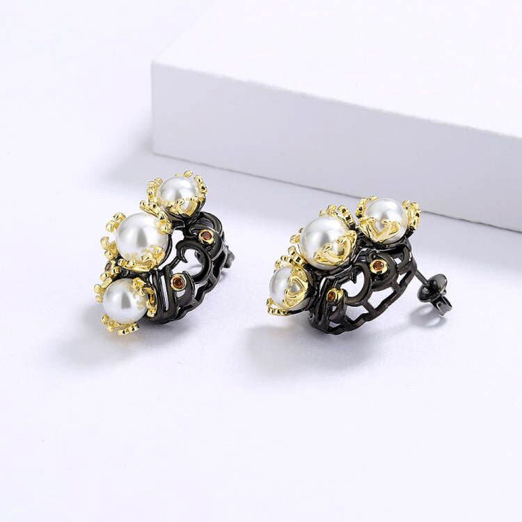 Earrings Golden Flower Pearl Earrings Fashion Black & Gold Series Jewelry Earrings