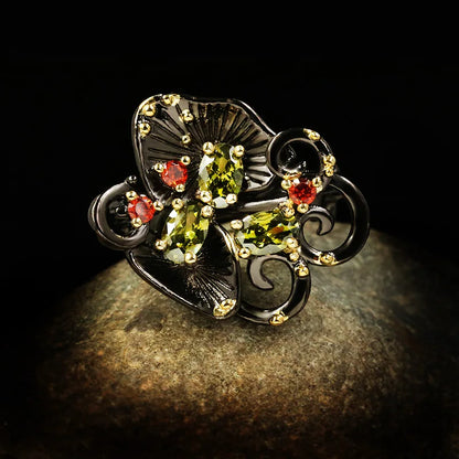 Vintage Palace Embossed Green Zircon Flower Black & Gold Style Rings