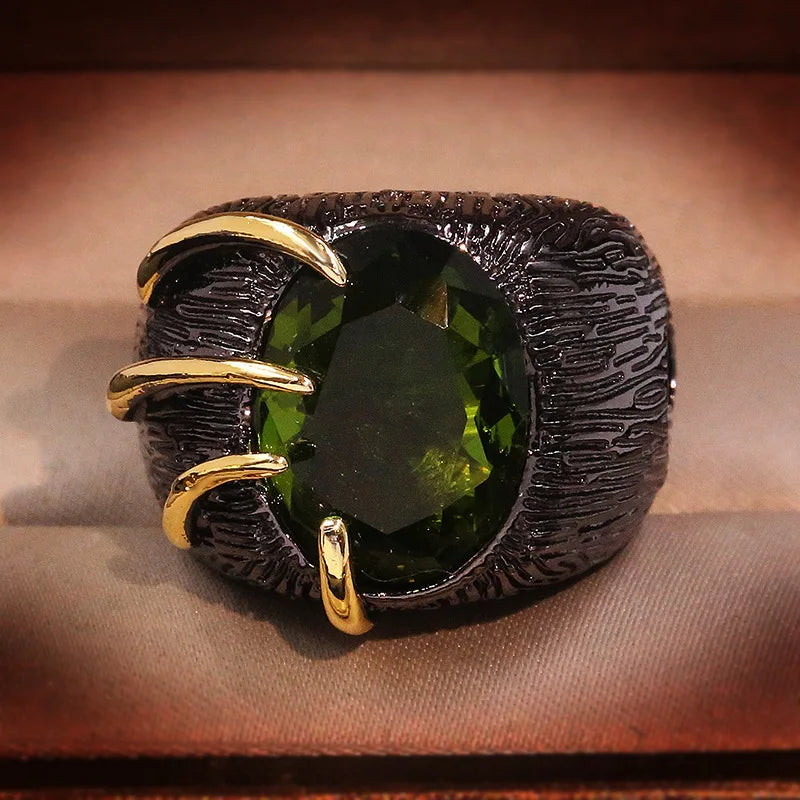 Jumbo Dragons Eye Black & Gold Style Emerald Zircon Ring