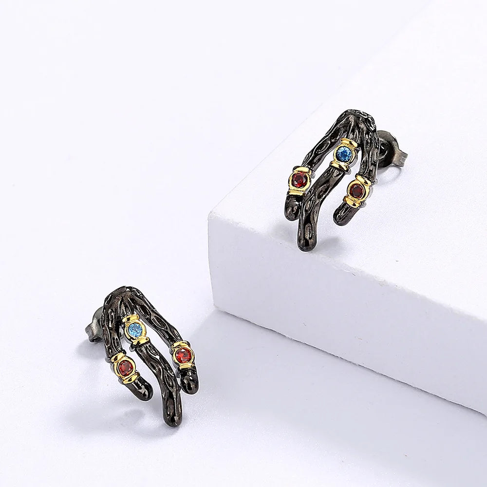 Stud Earrings Tree Vine Earrings Zircon Earrings Black & Gold Style