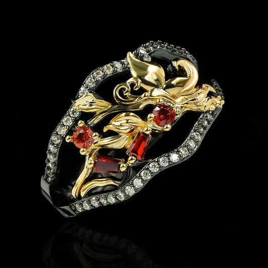 Black & Gold Style Vintage Floral Silver Plated Ruby-Zircon Rings