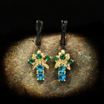 Blue Geometric Zircon Drop Flower Earrings