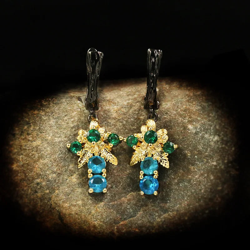 Blue Geometric Zircon Drop Flower Earrings