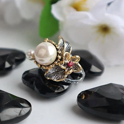 Gothic Floral Black & Gold Style Freshwater Pearl Ring