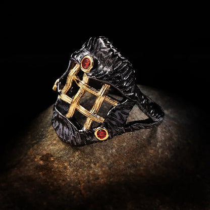 Gothic Ruby-Zircon Lattice Line Black & Gold Style Cocktail Rings