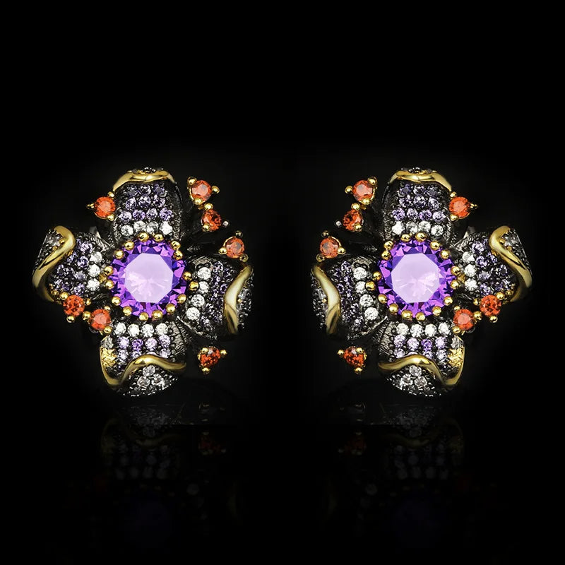 Black & Gold Style Flower Earrings with Purple & Red Zircon Gemstones