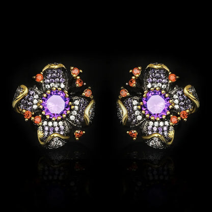 Black & Gold Style Flower Earrings with Purple & Red Zircon Gemstones