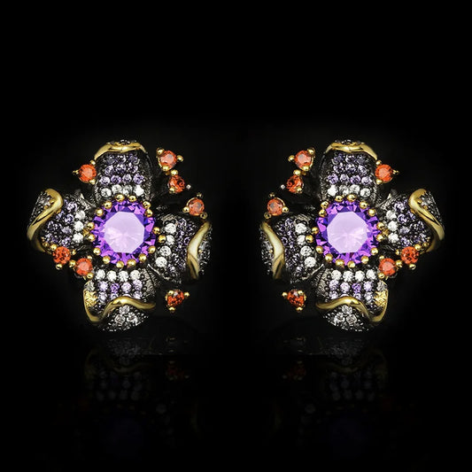 Black & Gold Style Flower Earrings with Purple & Red Zircon Gemstones