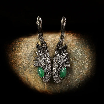 Vintage Wings Feather Drop Earrings Green Zircon Earrings