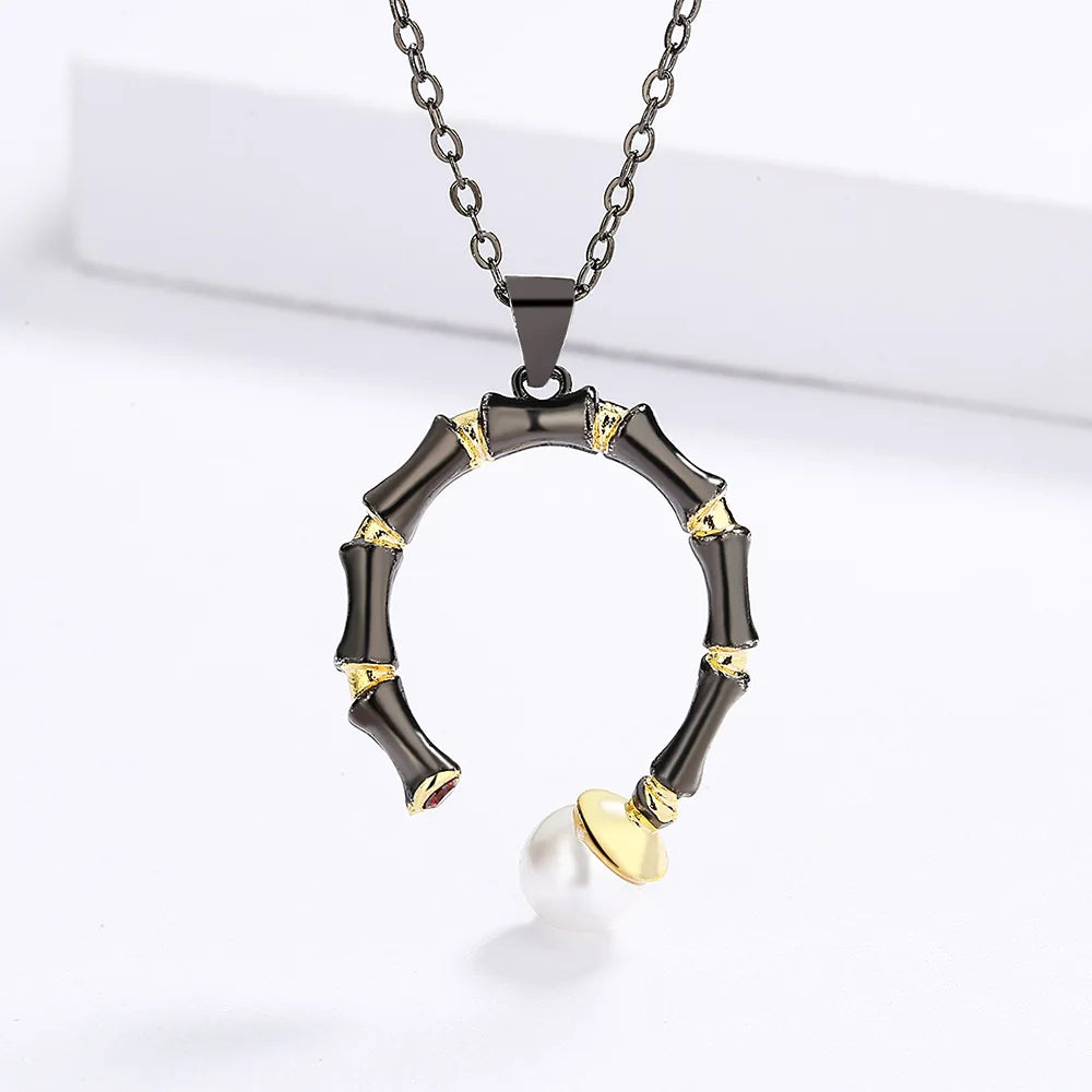 Necklace Black & Gold Style Pendant Line Pearl Chain