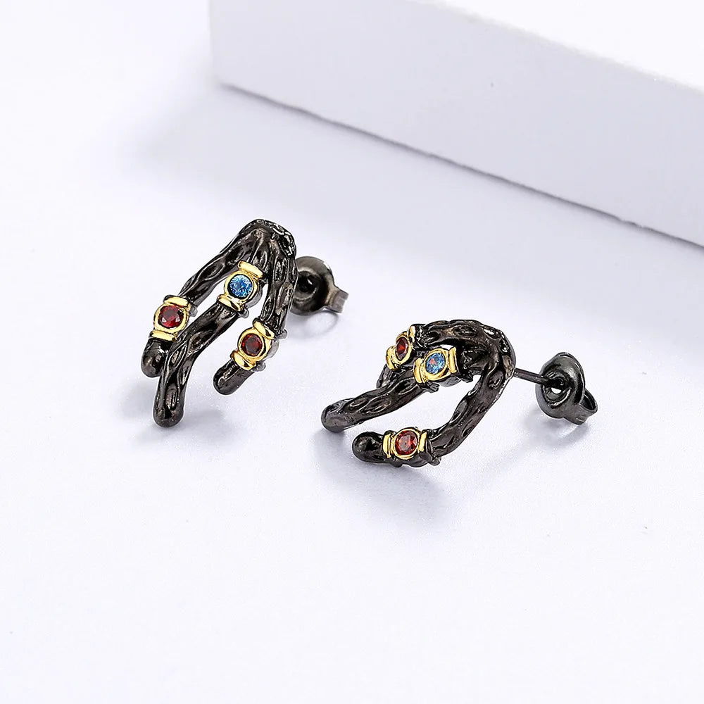 Stud Earrings Tree Vine Earrings Zircon Earrings Black & Gold Style