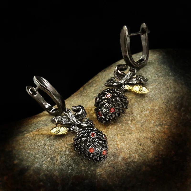 Vintage Pinecone Ruby-Zircon Zircon Black & Gold Style Earrings