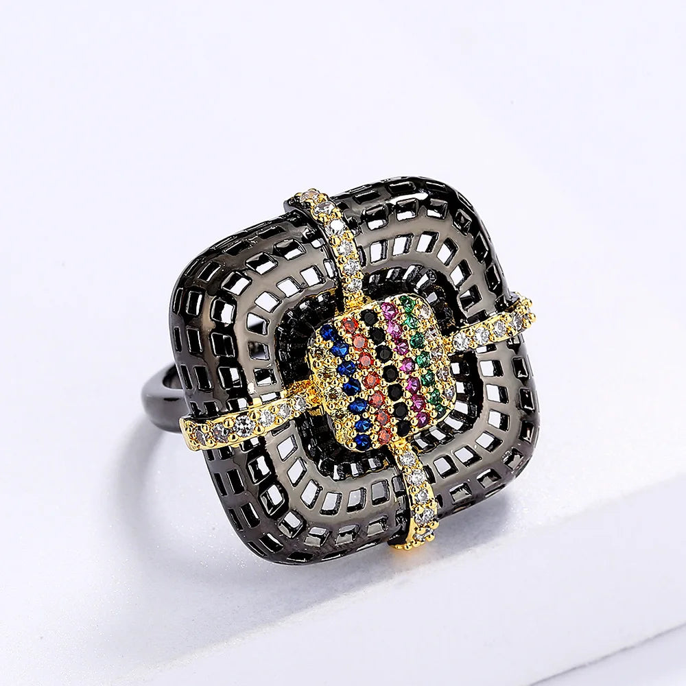 Ring Black & Gold Style Flower Rings Zircon Geometric Black & Gold Style