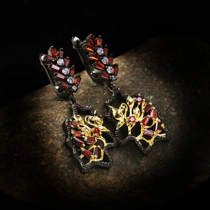 Black & Gold Style Red Floral Zircon Earrings Light Earrings