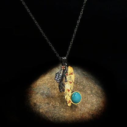 Leaf Feather Turquoise Pendant Chain Black & Gold Style Chain