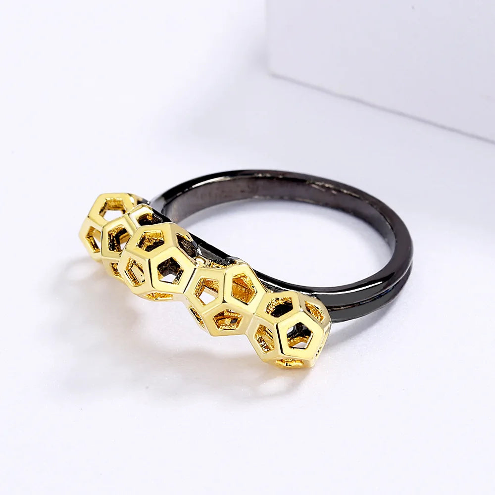 Black & Gold Style Rings Geometric Rings Honeycomb Rings