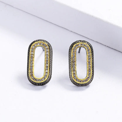 Earrings Oval Geometric Black Stud Black & Gold Style Earrings