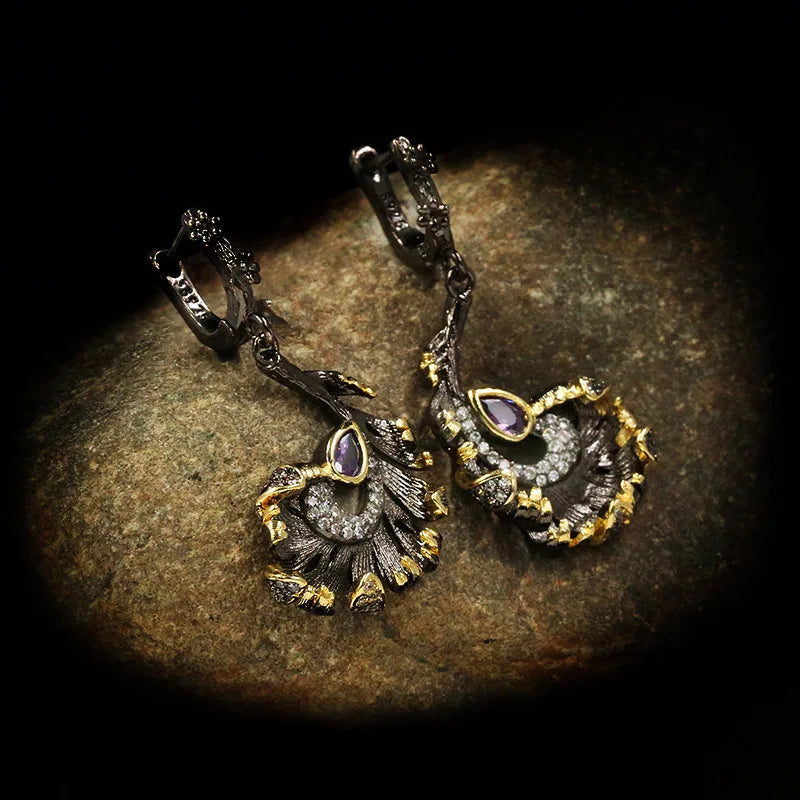 Black & Gold Style Zircon Curly Leaf Long Earrings