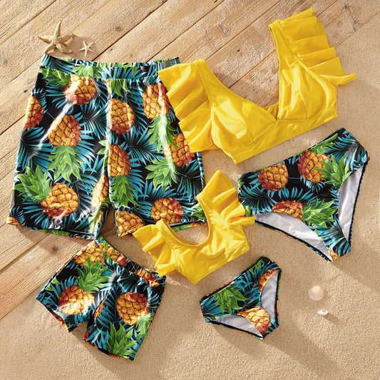 Family Matching! Pineapple Ruffled One Piece Swimwear & Trunks