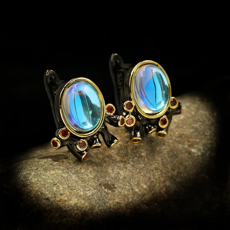 Vintage Earrings Blue Moonlight Zircon Earrings Black & Gold Style Crystal