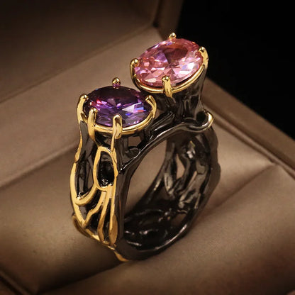 Zircon Black & Gold Style Pink & Purple Zircon Round Cocktail Rings