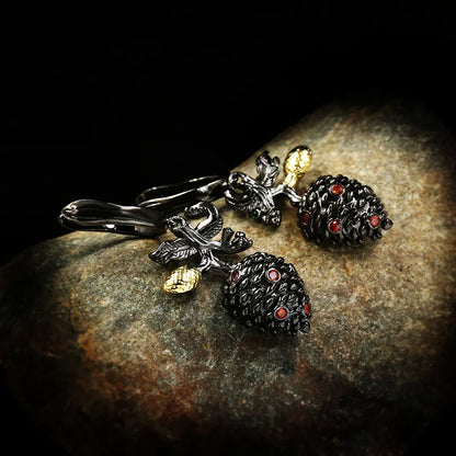 Vintage Pinecone Ruby-Zircon Zircon Black & Gold Style Earrings