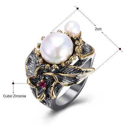 Gothic Floral Black & Gold Style Freshwater Pearl Ring