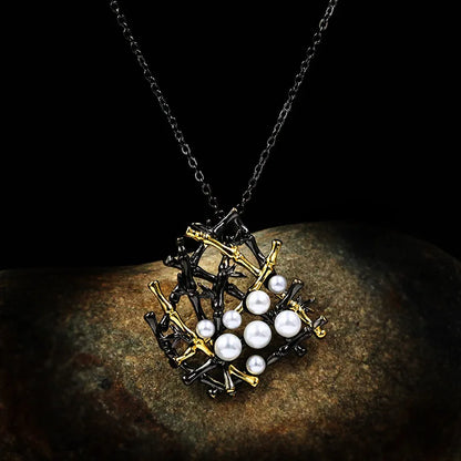 Pearl Birds Nest Black & Gold Series Necklace