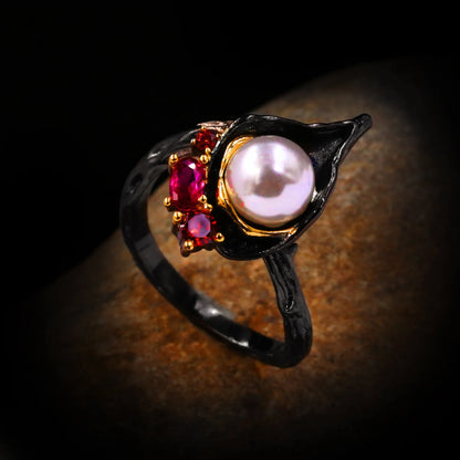 Red Garnet Zircon Rings Drop Pearl Rings Black & Gold Style