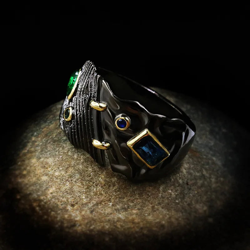 Medieval Black & Gold Style Emerald & Sapphire Zircon Rings