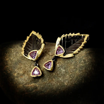 Leaf Feather Pendant Earrings Purple Zircon Earrings